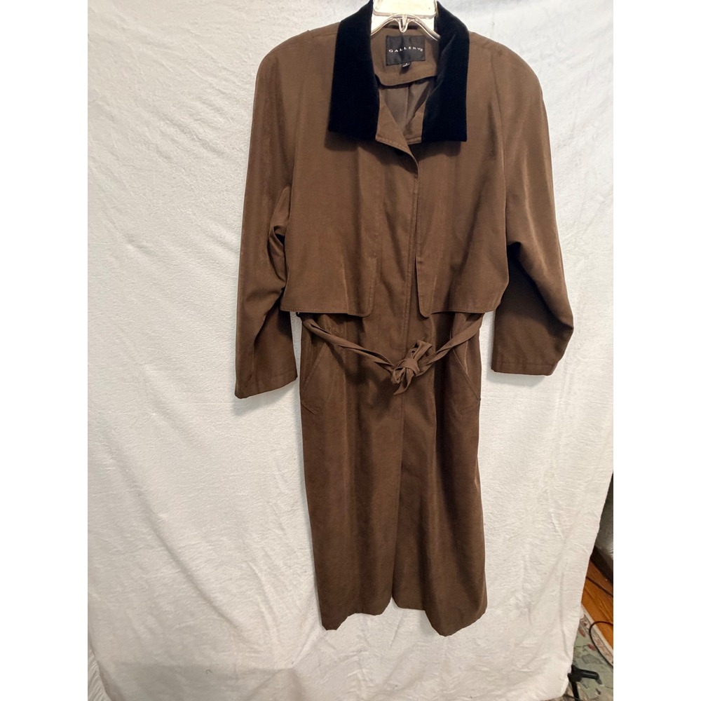 Gallery Vintage Brown Trench Coat Velvet Collar Belted Storm Flap Size 8